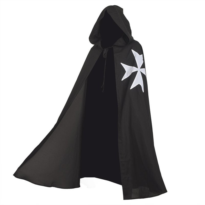 BLESSUME Medieval Hospitaller Hood Robe Templar Knight Cloak Halloween Costume Cape Unisex (Black, Large) - Image 1